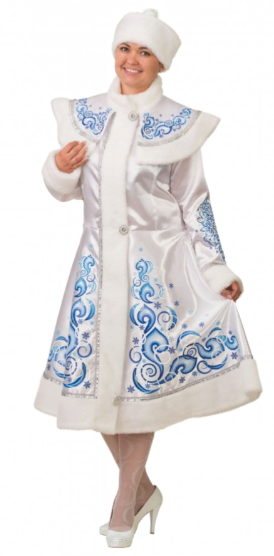 Новогодний карнавальный костюм взрослый Снегурочка аппликация белая сатин